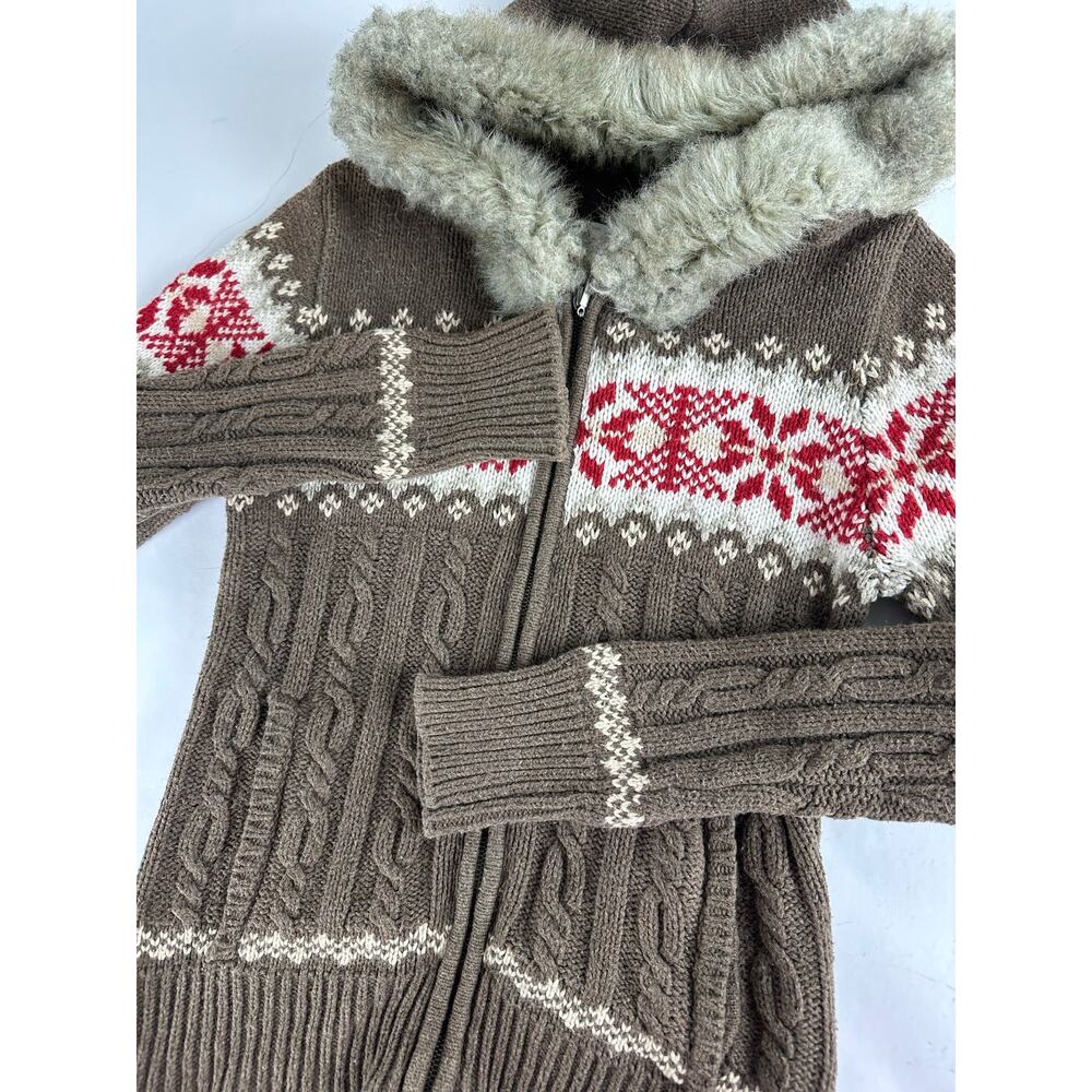 Y2K Aeropostale Fair Isle Knit Sweater Faux Fur Hood Bella Swan Twilightcore - M - Picture 2 of 11